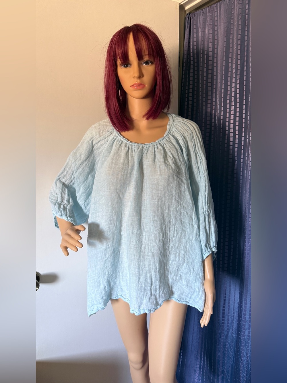 SAGA Italy Washed Sky Blue 100% Linen Gauze Boho Oversized Tunic Top